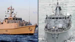 Britse marineschepen blunderen bij het aanmeren en botsen tegen elkaar.